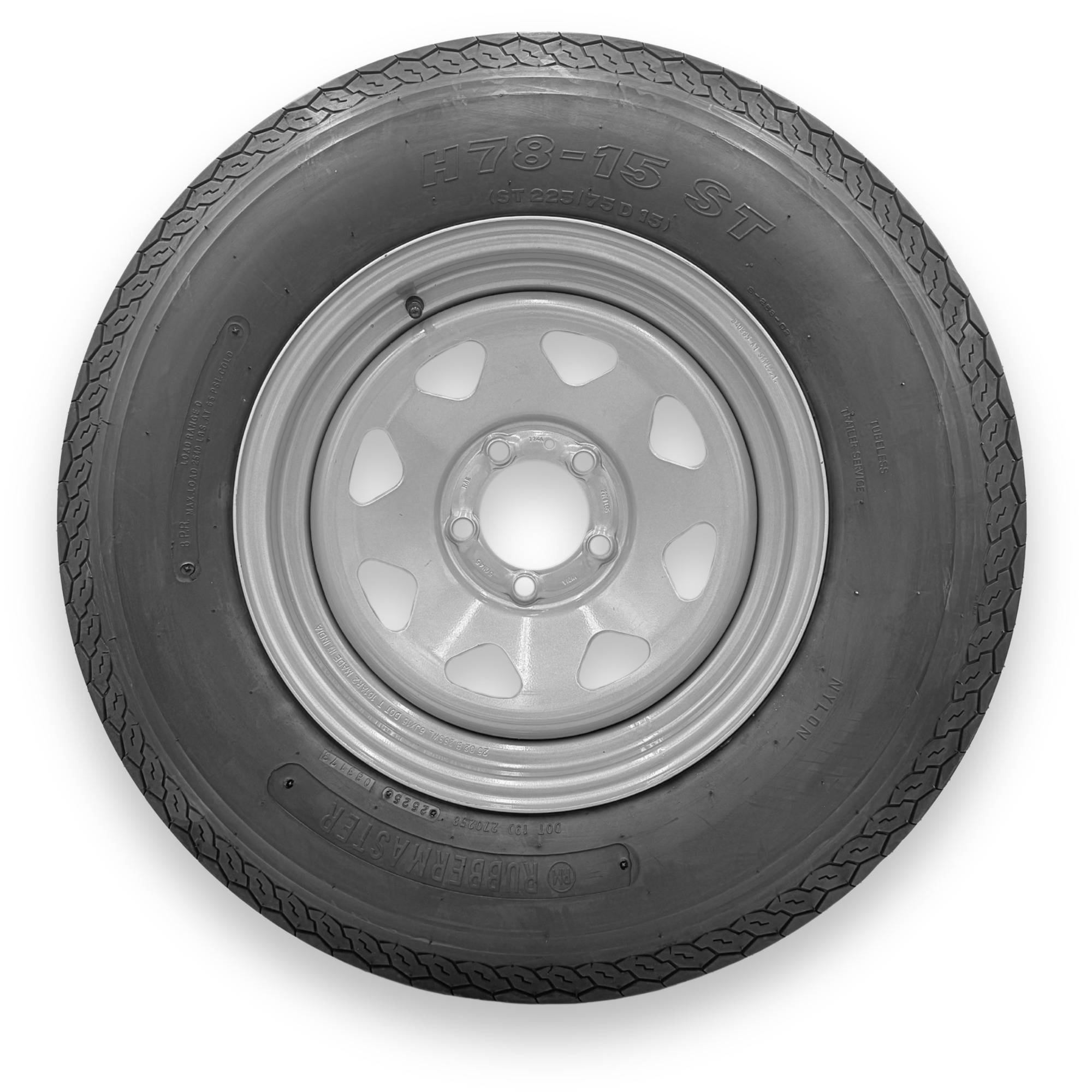 Rubbermaster H78-15 (ST225/75D15) 8 Ply TL Highway Rib Tire on a 5 on 4.5 Bolt Silver Eight Spoke Wheel